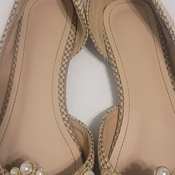 Pearl Embellished Pointed Toe Slip On Shoes Sophisticated Tan Tweed Flats 7.5 - Picture 11 of 14
